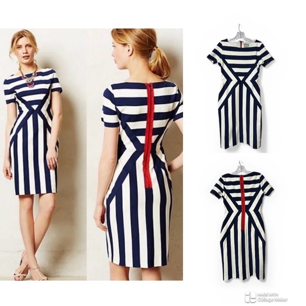 Anthropologie Navy and White Striped Sheath Dress with Red Back Zipper
